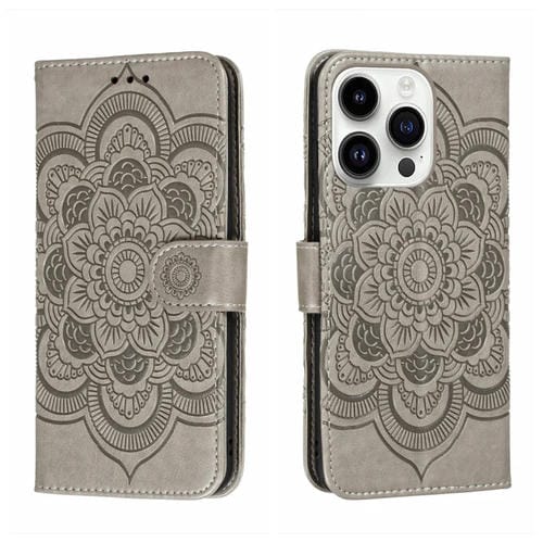 Funda de cuero en relieve gris para iPhone 15 Pro, Mandala en forma de sol