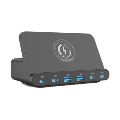 Cargador multipuertos 160W 4 Tipo-C 2 USB compatible con carga inalámbrica Qi (enchufe estados unidos)