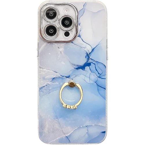 Funda con anillo con textura mármol galvanizado para iPhone 15 Pro Max (azul)